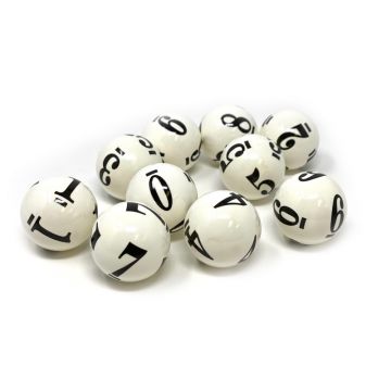 Raffle Balls: White Raffle Balls (Lottery Balls) numbered 0-9 in black print on each ball