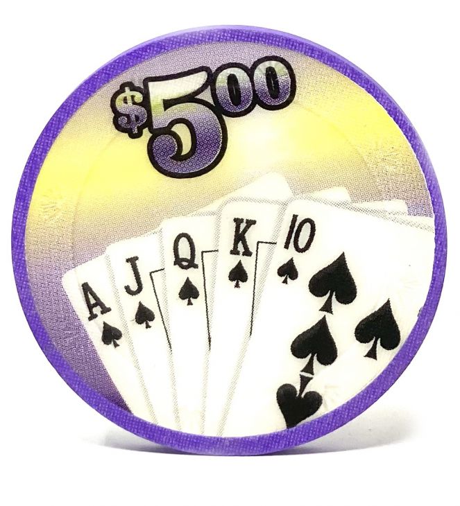 Poker Chips: Royal Flush, 100% Clay, Pre-Denominated Insert both sides, 10 Gram, $5, Purple main image