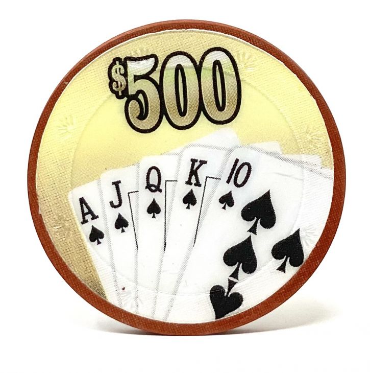 Poker Chips: Royal Flush, 100% Clay, Pre-Denominated Insert both sides, 10 Gram, $500, Brown main image