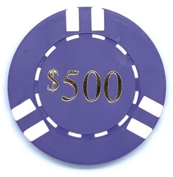 Poker Chips: 6 Stripe, 8.5 Gram, Pre-Denominated both sides, $500, Purple