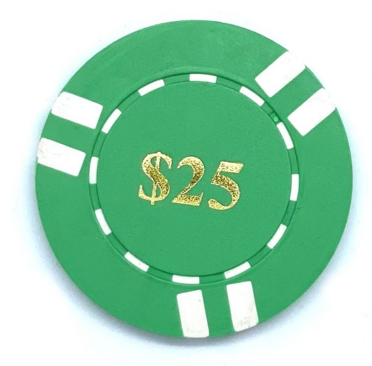 Poker Chips: 6 Stripe, 8.5 Gram, Pre-Denominated both sides, $25, Green with White Stripes main image