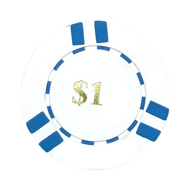 Poker Chips: 6 Stripe, 8.5 Gram, Pre-Denominated both sides, $1, White with Blue Stripes main image