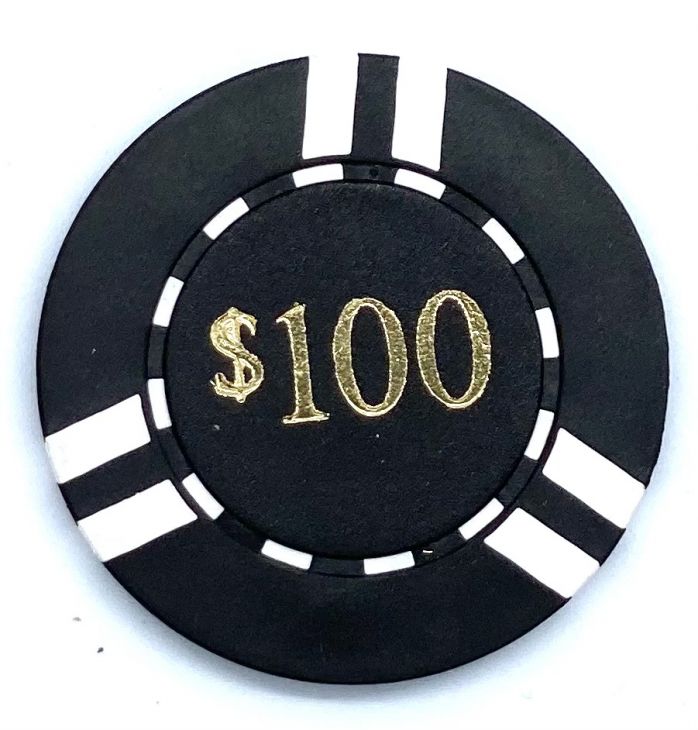 Poker Chips: 6 Stripe, 8.5 Gram, Pre-Denominated both sides, $100, Black with White Stripes main image