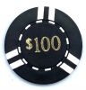 Poker Chips: 6 Stripe, 8.5 Gram, Pre-Denominated both sides, $100, Black with White Stripes