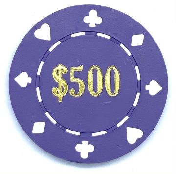 Poker Chips: Card Suits, 8.5 Gram, Pre-Denominated both sides, $500, Purple