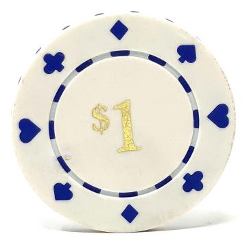 Poker Chips: Card Suits, 8.5 Gram, Pre-Denominated both sides, $1, White