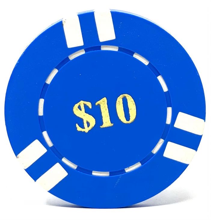 Poker Chips: 6 Stripe, 8.5 Gram, Pre-Denominated both sides, $10, Blue with White Stripes main image