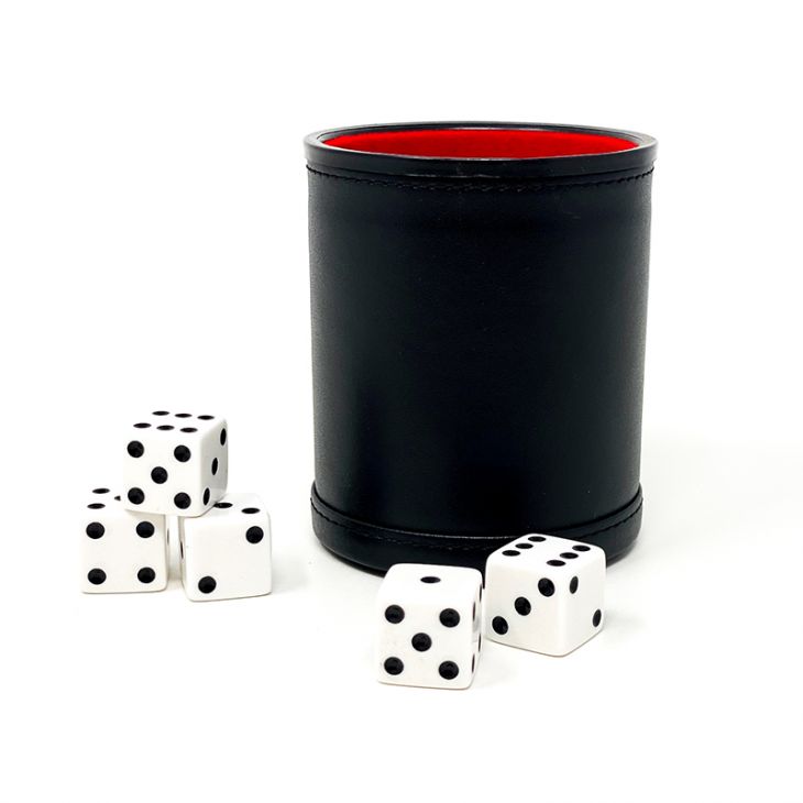 Dice Cup: Leatherette, Black Cup with Five 5/8 in. White Dice main image