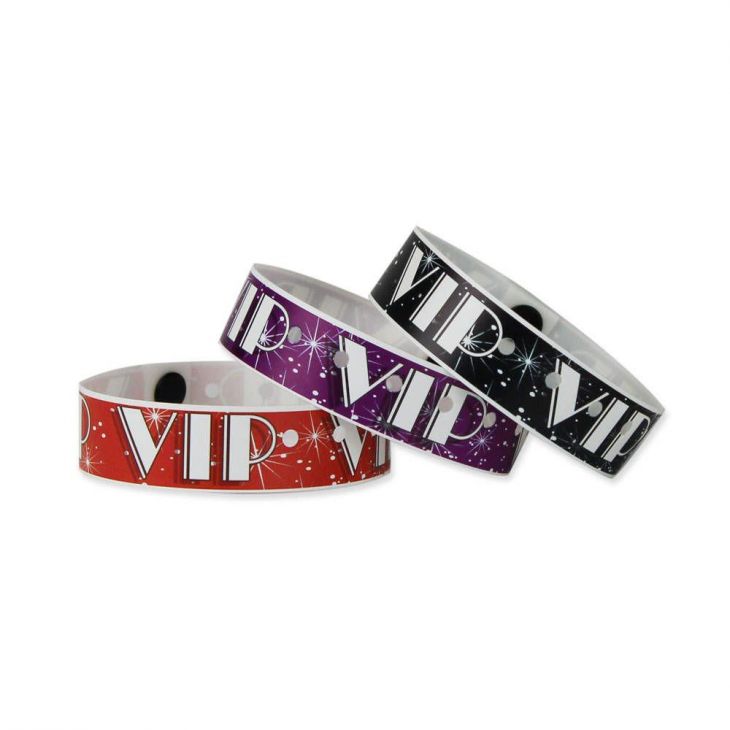 Plastic 3/4" Wristbands, V.I.P. Broad Way Design, Purple with VIP in White. 500 Wristbands per box. main image